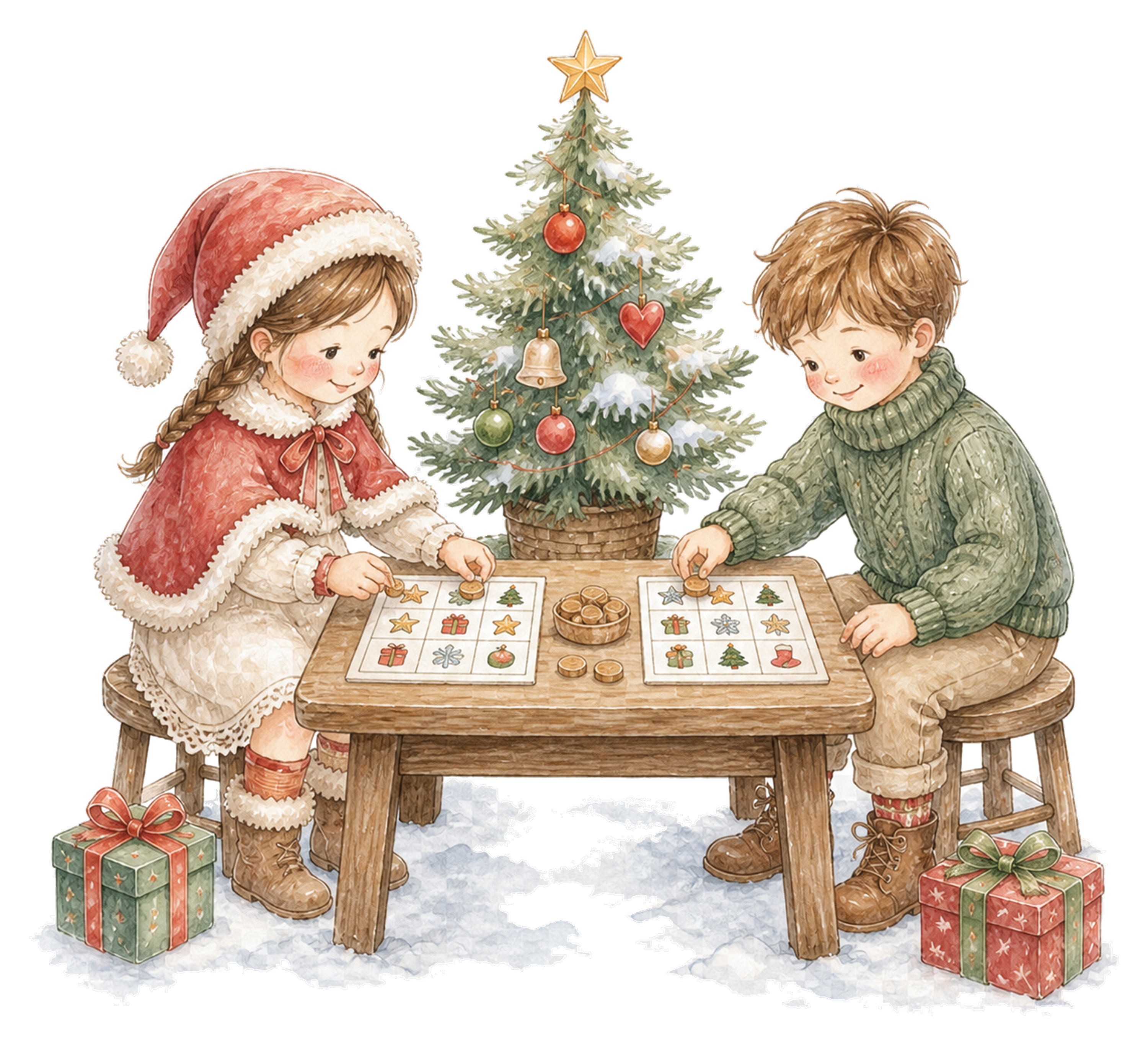 クリスマスビンゴで遊ぶ子どものイラスト｜絵本タッチの無料素材95898に写真・文字を入れる