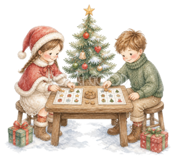 クリスマスビンゴで遊ぶ子どものイラスト｜絵本タッチの無料素材95898