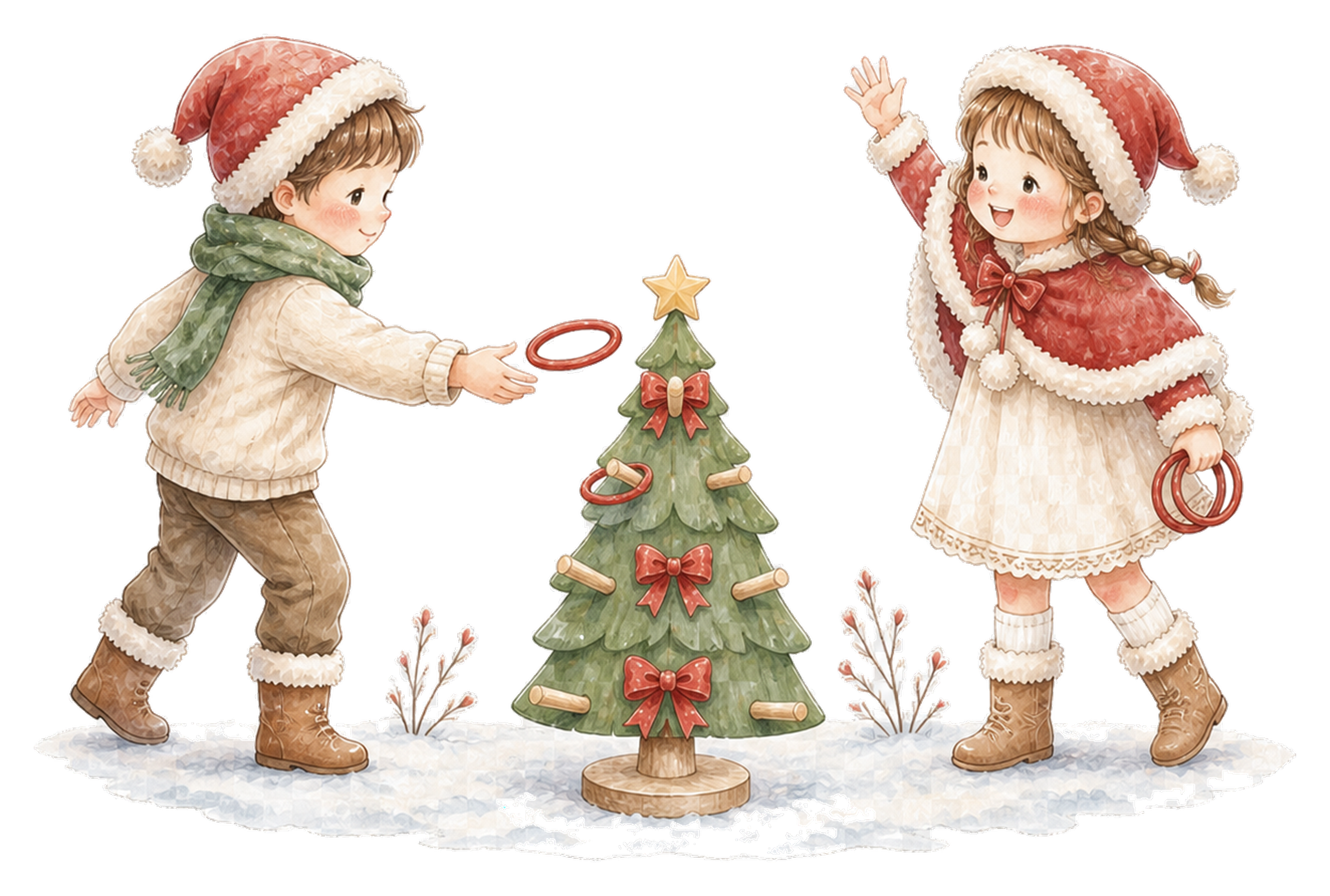クリスマスの輪投げで遊ぶ子どものイラスト｜絵本タッチの無料素材95899に写真・文字を入れる