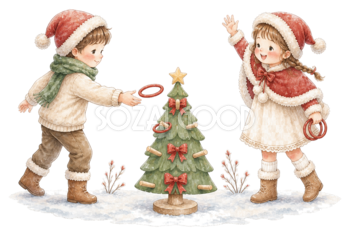 クリスマスの輪投げで遊ぶ子どものイラスト｜絵本タッチの無料素材95899