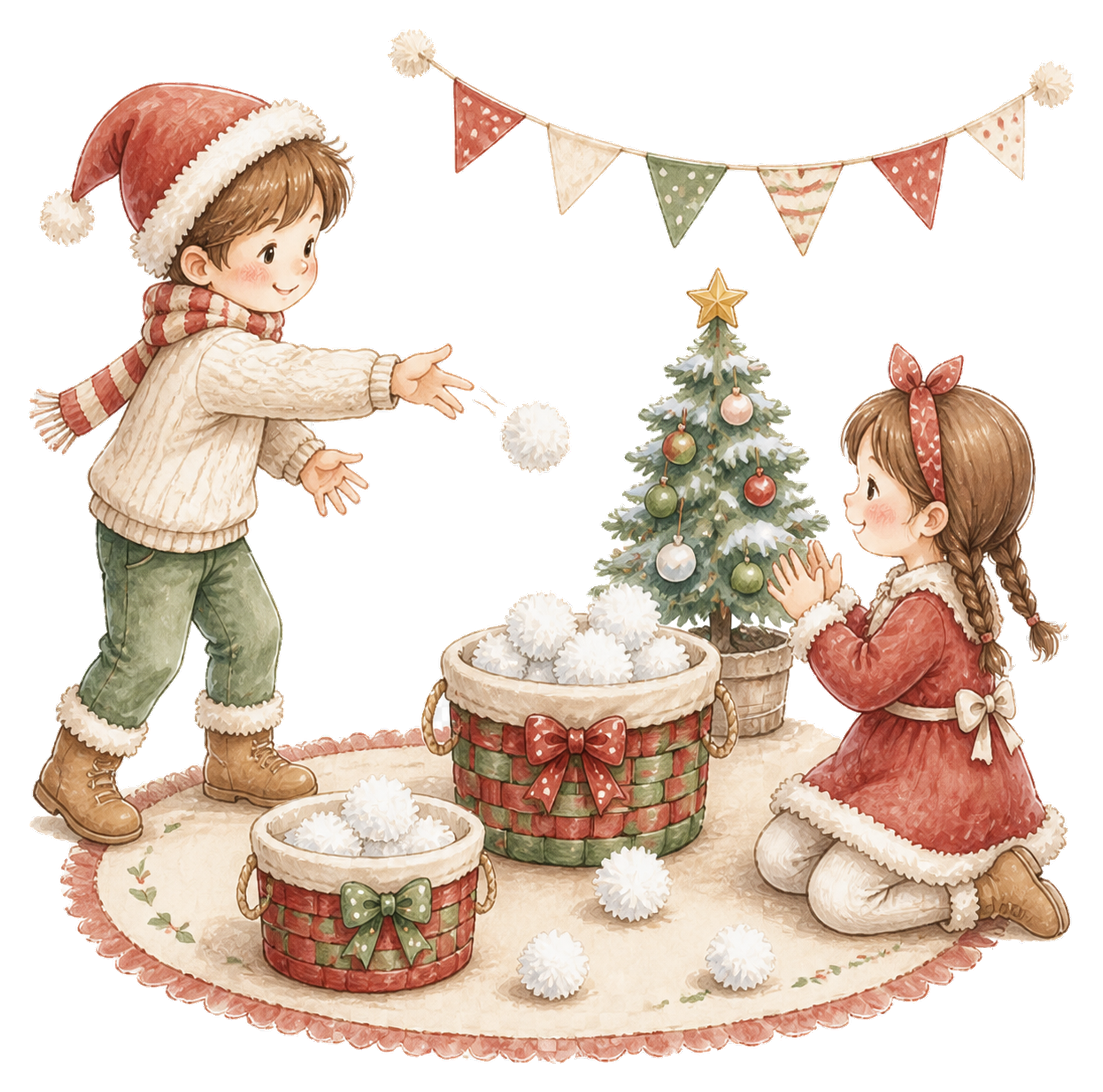 雪玉投げゲームを楽しむ子どものイラスト｜絵本タッチの無料素材95900に写真・文字を入れる