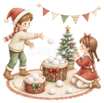 雪玉投げゲームを楽しむ子どものイラスト｜絵本タッチの無料素材95900