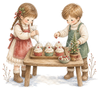 クリスマスカップケーキを飾る子どものイラスト｜絵本タッチの無料素材95903