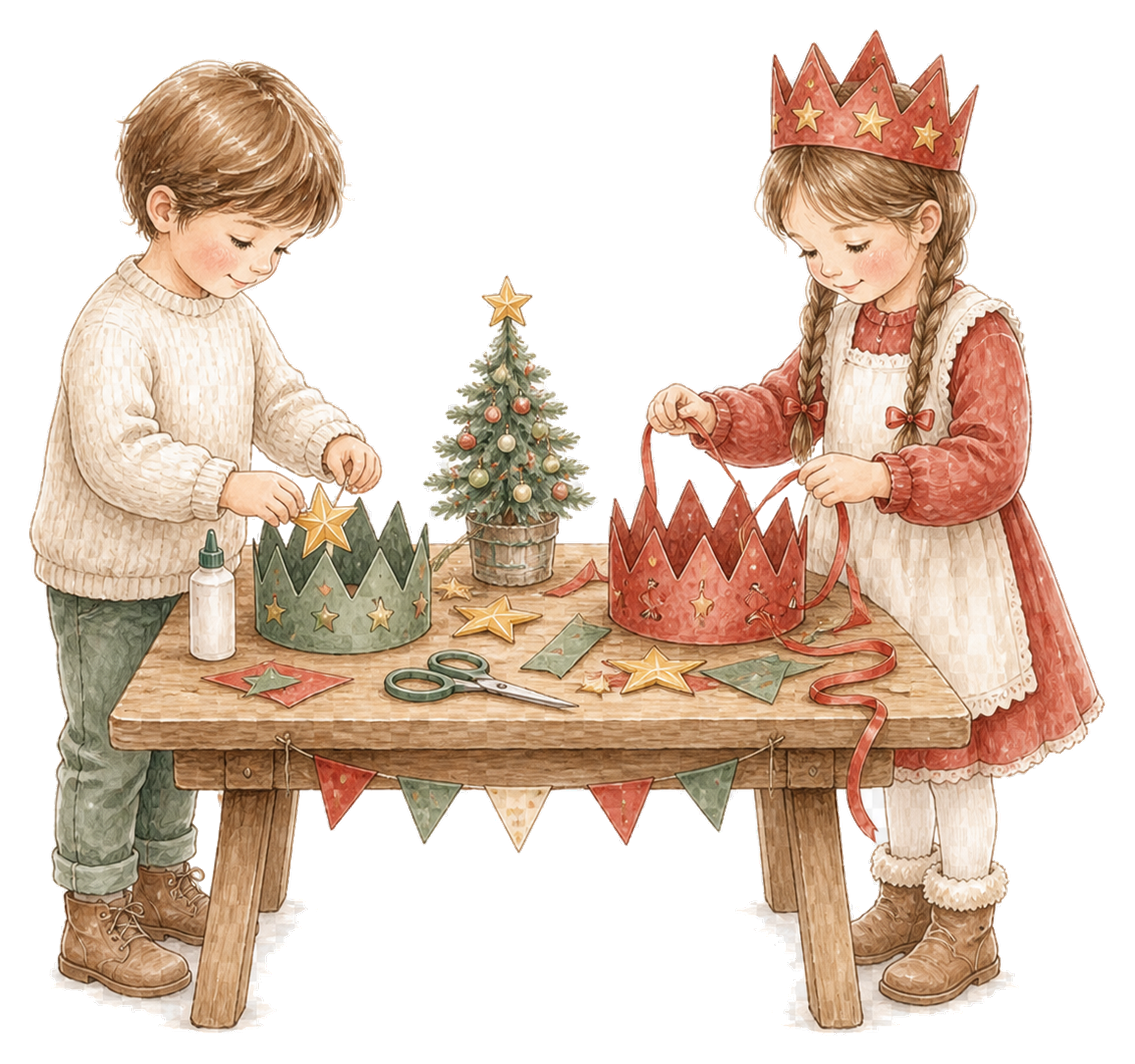 クリスマスの紙冠を作る子どものイラスト｜絵本タッチの無料素材95905に写真・文字を入れる