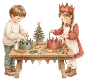 クリスマスの紙冠を作る子どものイラスト｜絵本タッチの無料素材95905