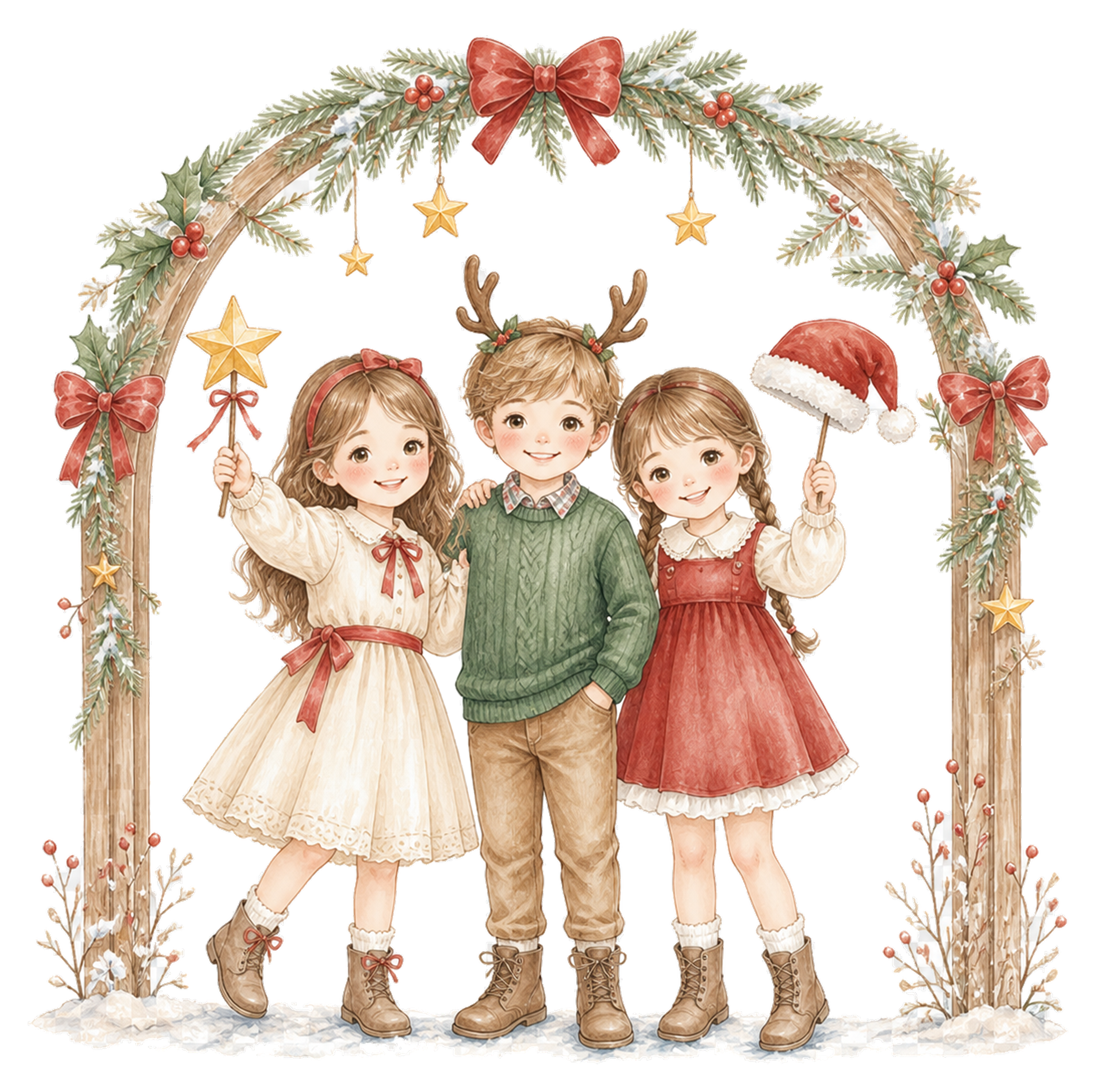 クリスマス撮影会を楽しむ子どものイラスト｜絵本タッチの無料素材95906に写真・文字を入れる
