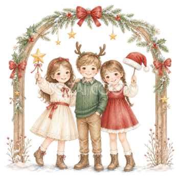 クリスマス撮影会を楽しむ子どものイラスト｜絵本タッチの無料素材95906