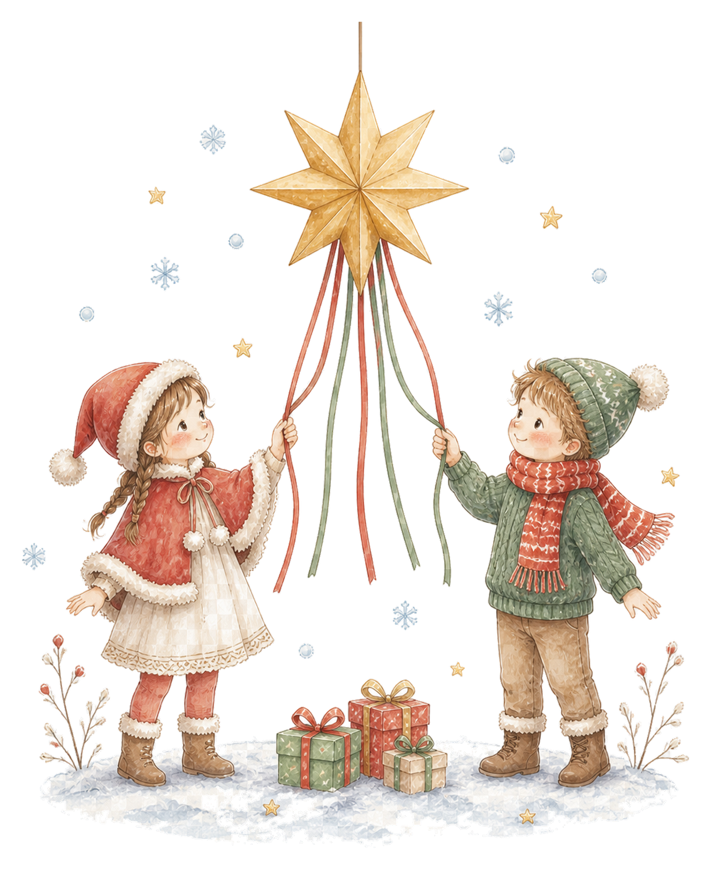 クリスマスの星飾りを楽しむ子どものイラスト｜絵本タッチの無料素材95907に写真・文字を入れる