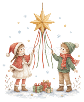 クリスマスの星飾りを楽しむ子どものイラスト｜絵本タッチの無料素材95907