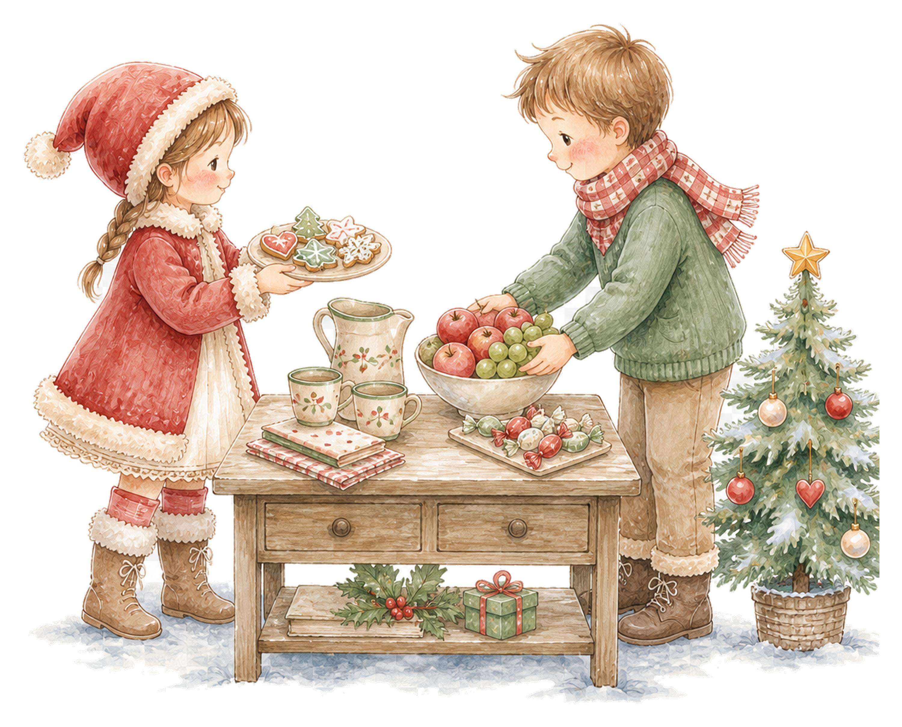 クリスマスのお菓子を並べる子どものイラスト｜絵本タッチの無料素材95908に写真・文字を入れる