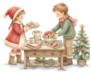 クリスマスのお菓子を並べる子どものイラスト｜絵本タッチの無料素材95908