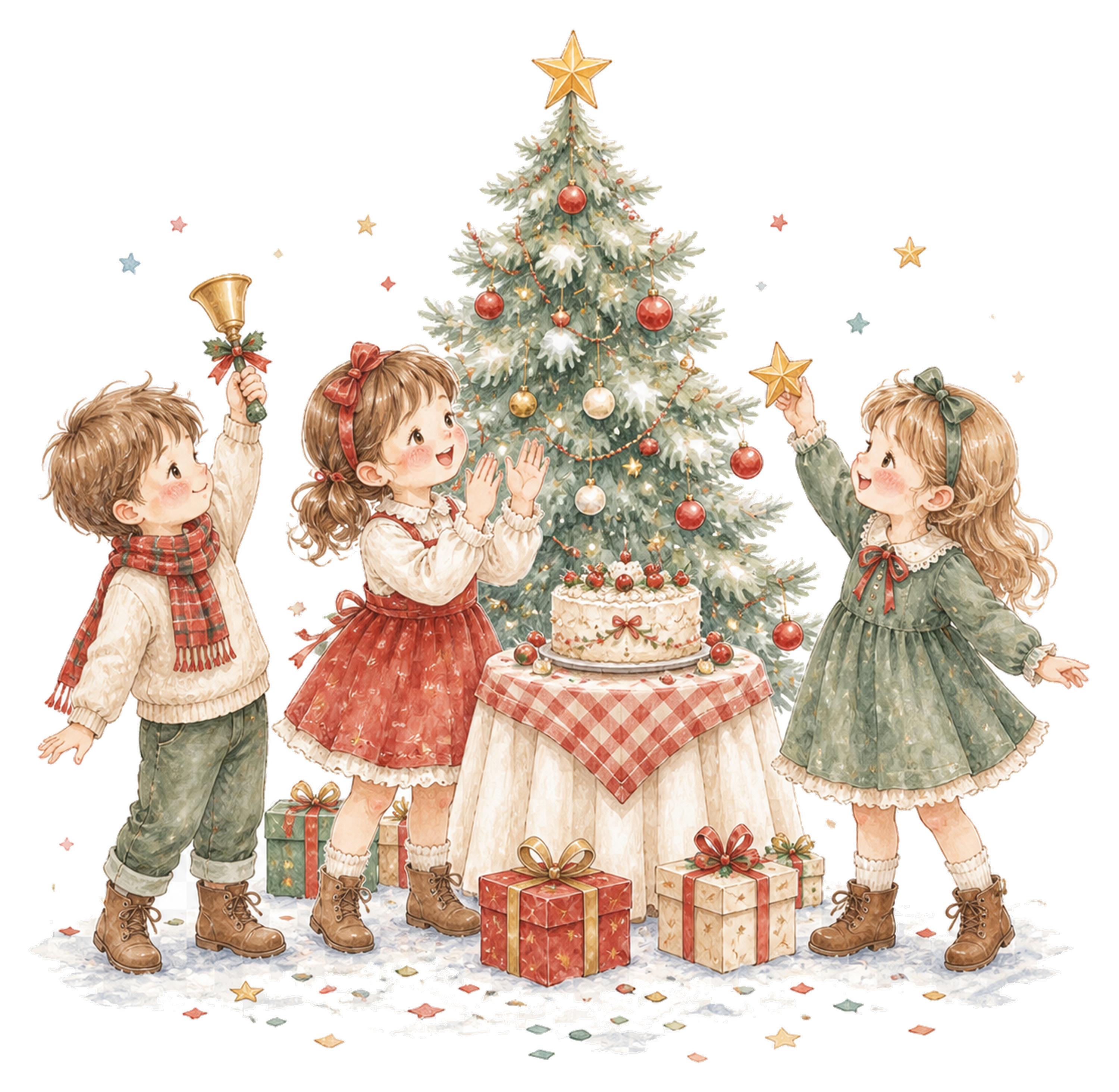 クリスマスパーティーで盛り上がる子どものイラスト｜絵本タッチの無料素材95911に写真・文字を入れる