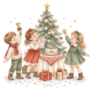 クリスマスパーティーで盛り上がる子どものイラスト｜絵本タッチの無料素材95911