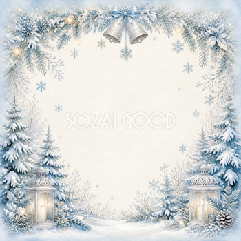雪のモミの木とランタンのクリスマスイラスト｜絵本タッチの無料フレーム95916