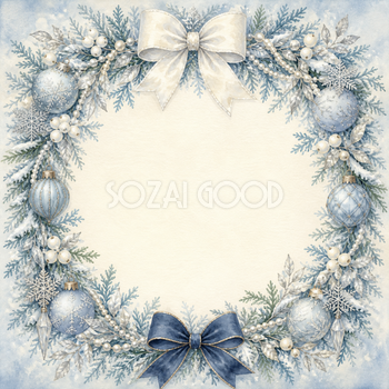 白いリボンと青銀オーナメントのクリスマスイラスト｜絵本タッチの無料フレーム95921