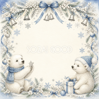 白い子グマのかわいいクリスマスイラスト｜絵本タッチの無料フレーム95922