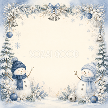 青いマフラーの雪だるまクリスマスイラスト｜絵本タッチの無料フレーム95923