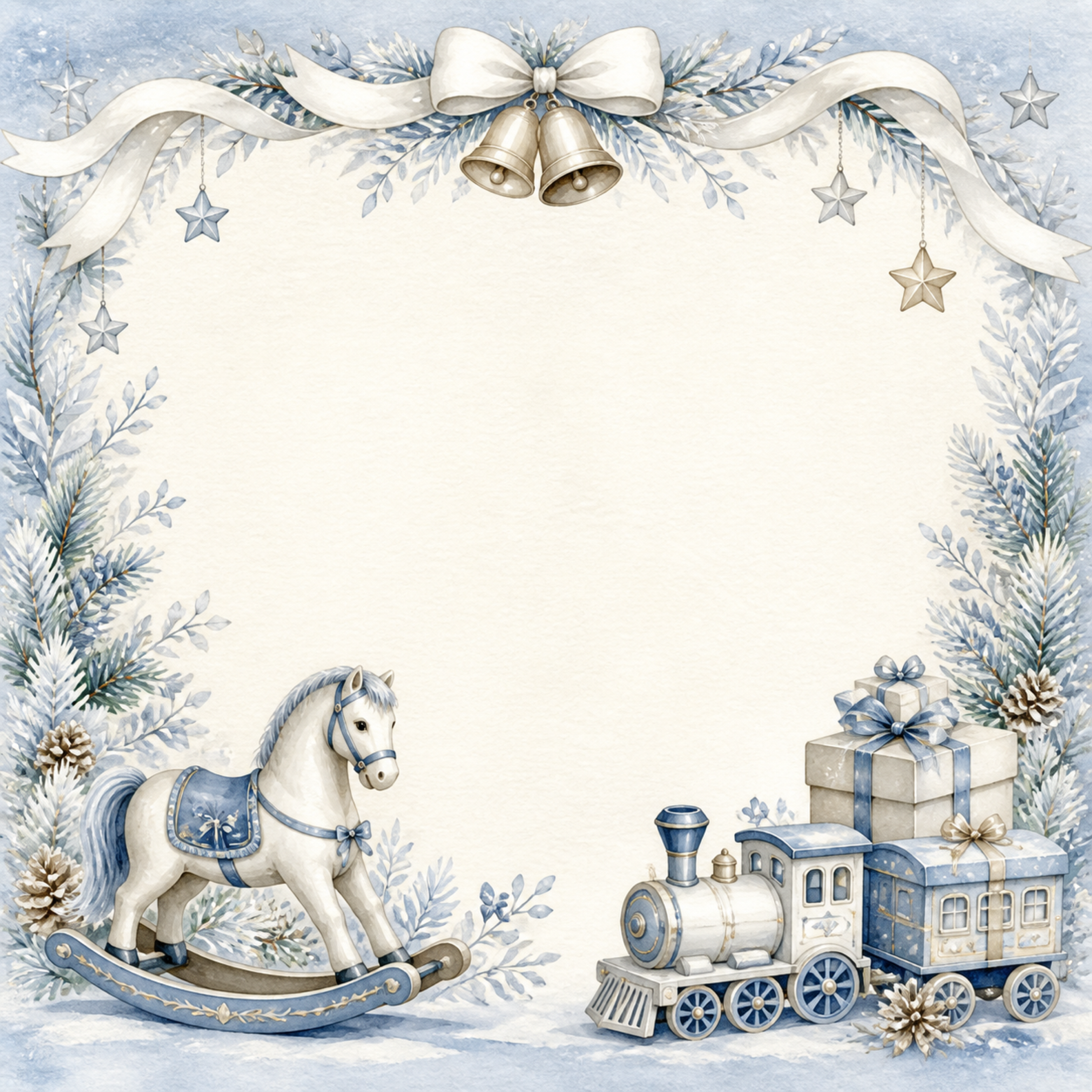 木馬とおもちゃの汽車のクリスマスイラスト｜絵本タッチの無料フレーム95926に写真・文字を入れる