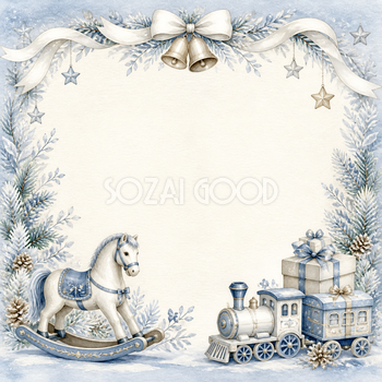 木馬とおもちゃの汽車のクリスマスイラスト｜絵本タッチの無料フレーム95926