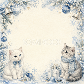 白猫とグレー猫のかわいいクリスマスイラスト｜絵本タッチの無料フレーム95928
