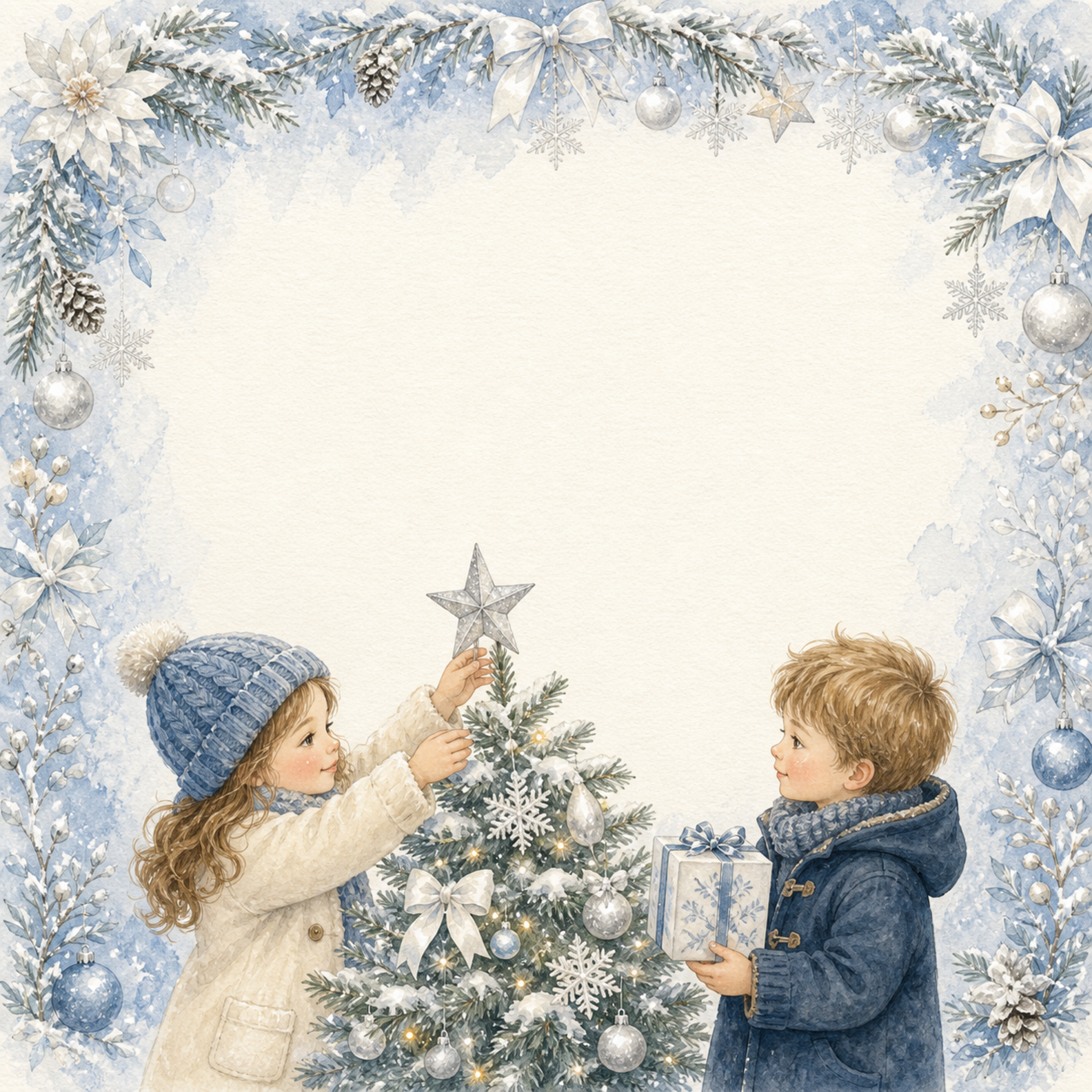 子どもと青白クリスマスツリーのイラスト｜絵本タッチの無料フレーム95929に写真・文字を入れる