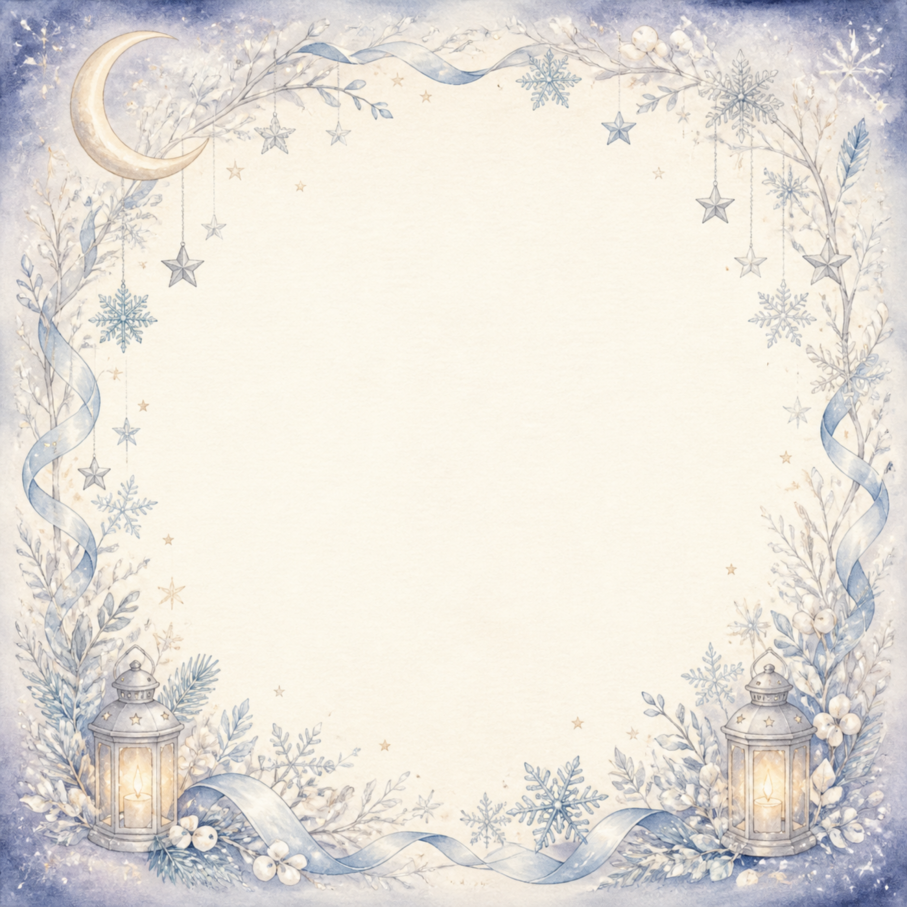 三日月と星明かりの青いクリスマスイラスト｜絵本タッチの無料フレーム95931に写真・文字を入れる