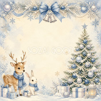 トナカイとうさぎの青白クリスマスイラスト｜絵本タッチの無料フレーム95932