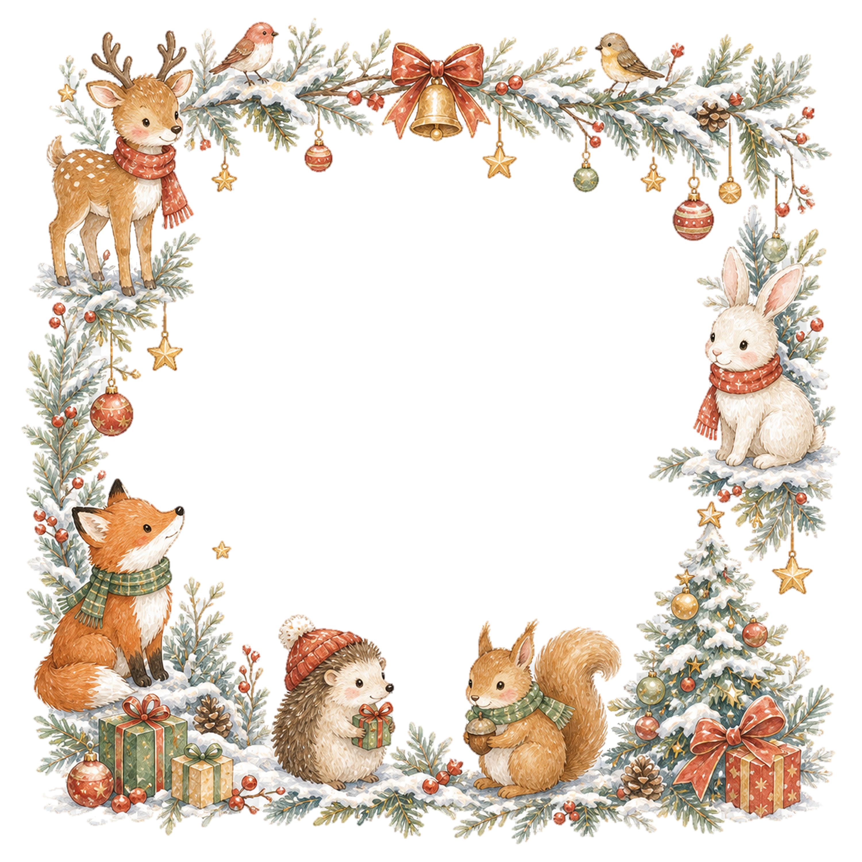 トナカイやうさぎの森のクリスマスイラスト｜絵本タッチの無料フレーム95934に写真・文字を入れる
