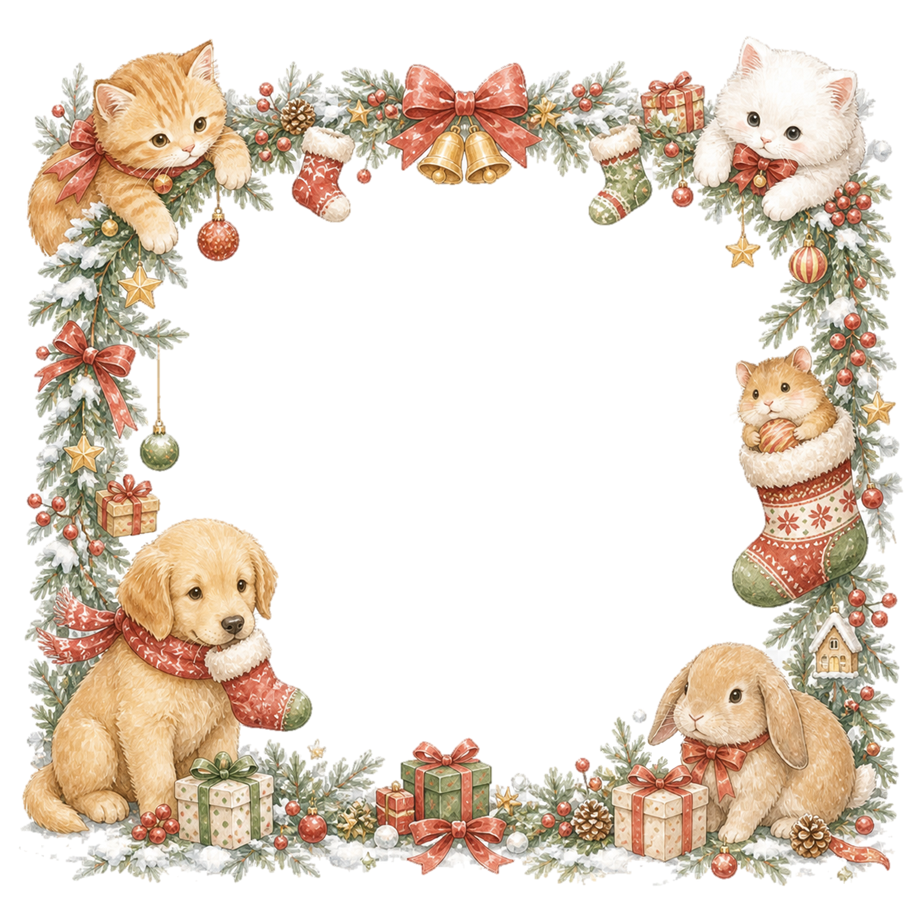 猫・犬・うさぎのかわいいクリスマスイラスト｜絵本タッチの無料フレーム95936に写真・文字を入れる