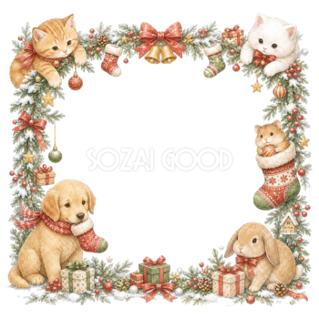 猫・犬・うさぎのかわいいクリスマスイラスト｜絵本タッチの無料フレーム95936