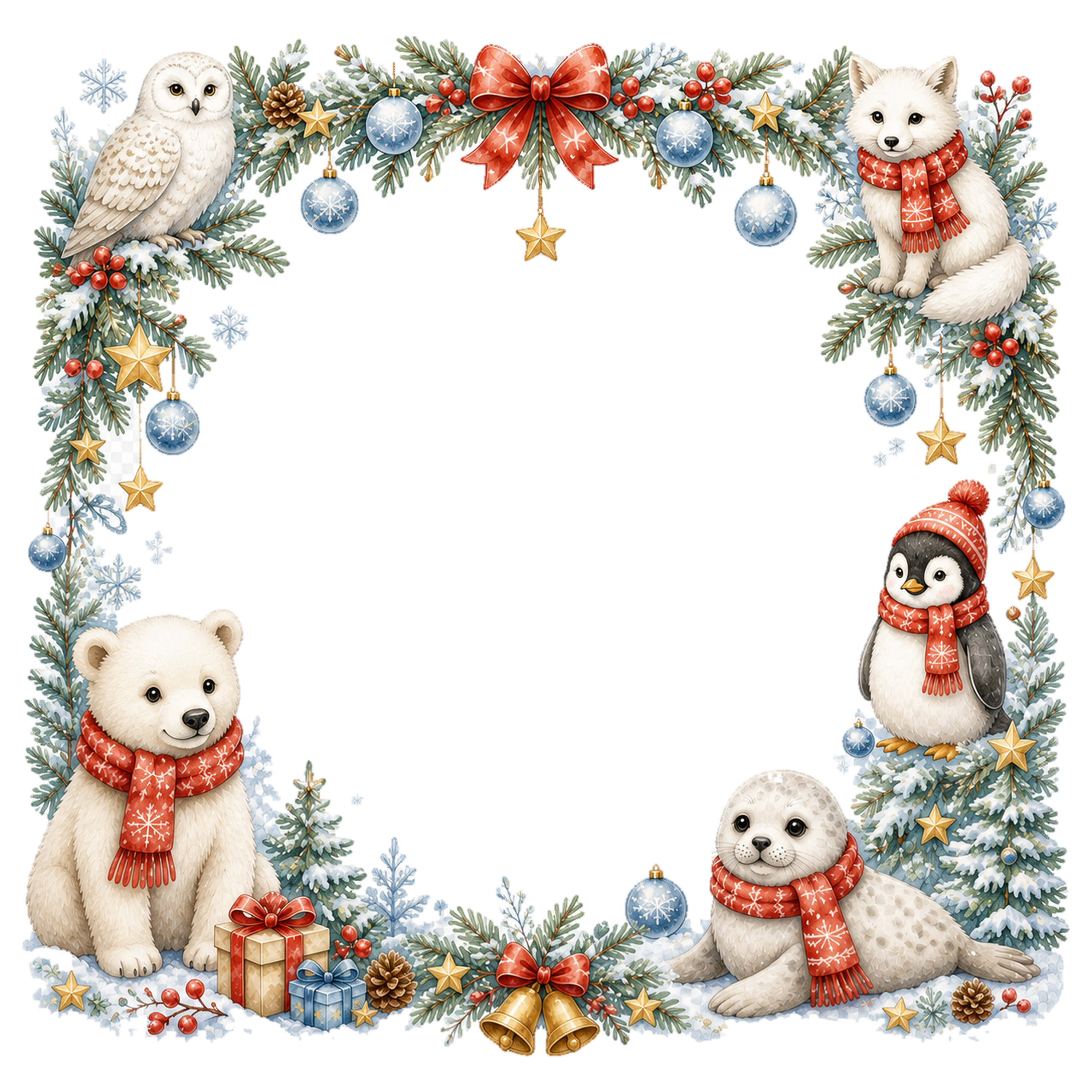 雪国の動物たちの青いクリスマスイラスト｜絵本タッチの無料フレーム95937に写真・文字を入れる
