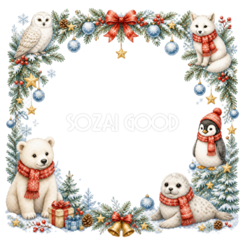 雪国の動物たちの青いクリスマスイラスト｜絵本タッチの無料フレーム95937