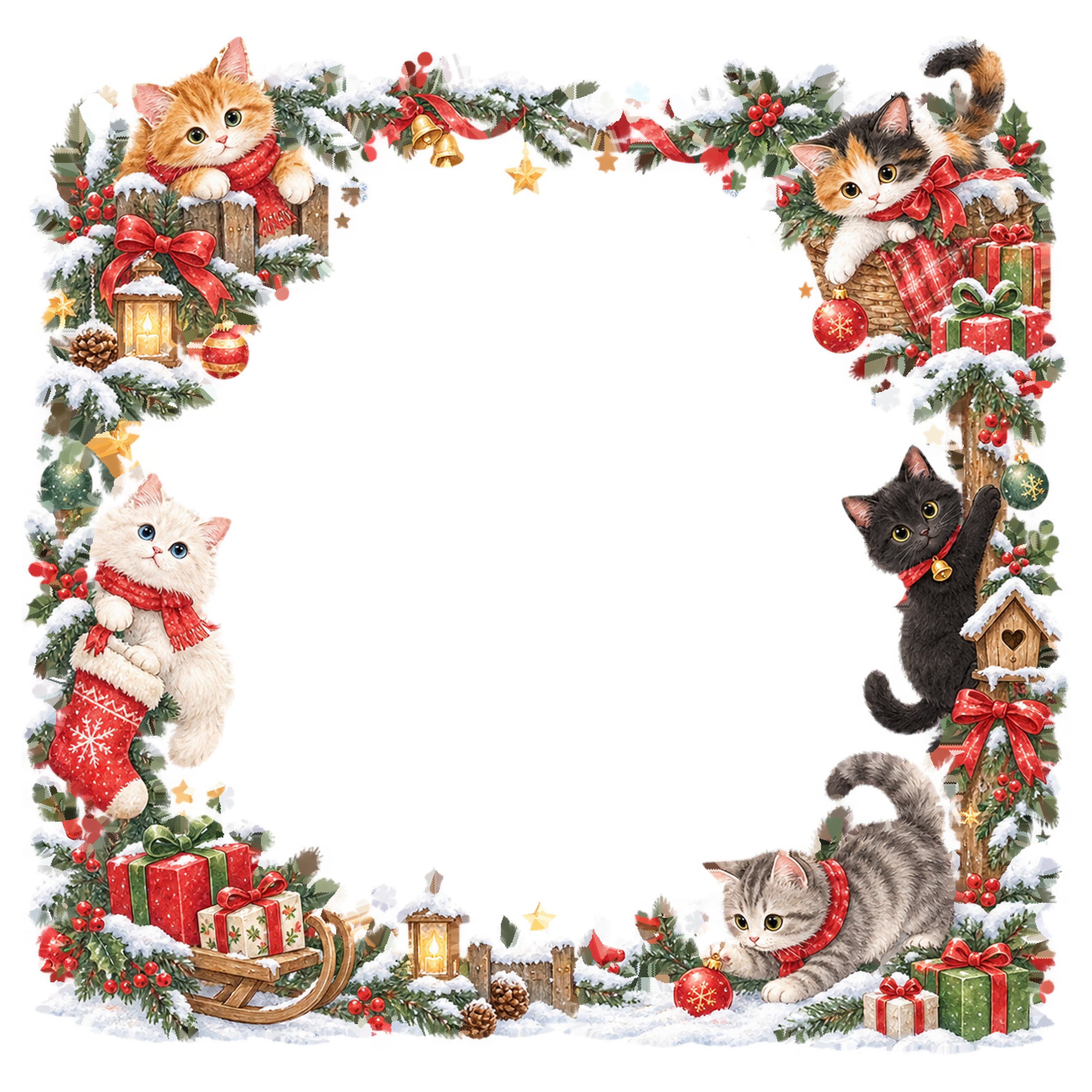 いろいろな猫のかわいいクリスマスイラスト｜絵本タッチの無料フレーム95942に写真・文字を入れる