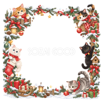 いろいろな猫のかわいいクリスマスイラスト｜絵本タッチの無料フレーム95942