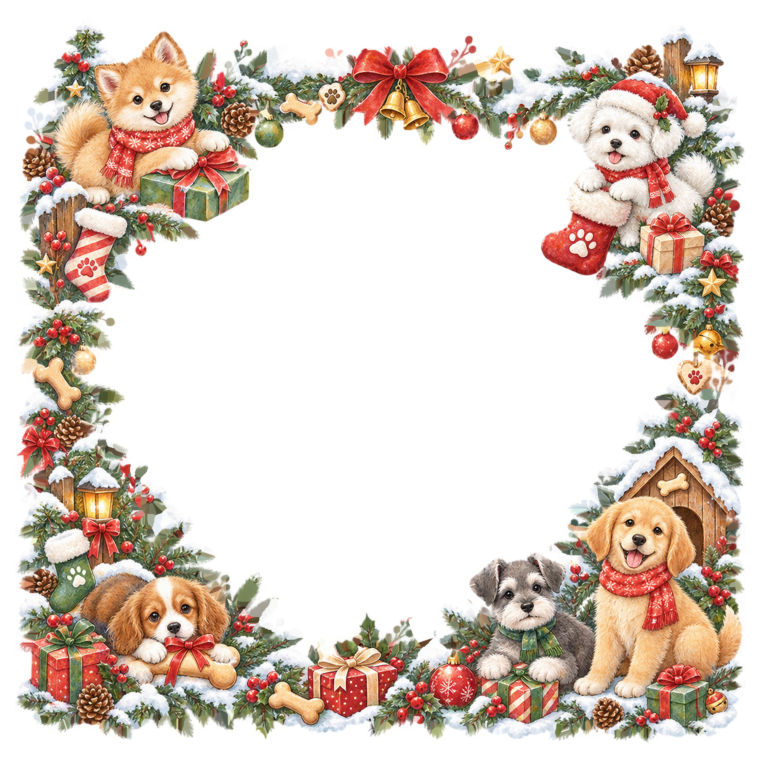 いろいろな犬のかわいいクリスマスイラスト｜絵本タッチの無料フレーム95943に写真・文字を入れる