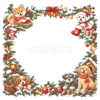 いろいろな犬のかわいいクリスマスイラスト｜絵本タッチの無料フレーム95943