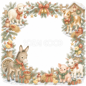 牧場の動物たちのクリスマスイラスト｜絵本タッチの無料フレーム95944