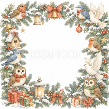 小鳥とフクロウのにぎやかなクリスマスイラスト｜絵本タッチの無料フレーム95945