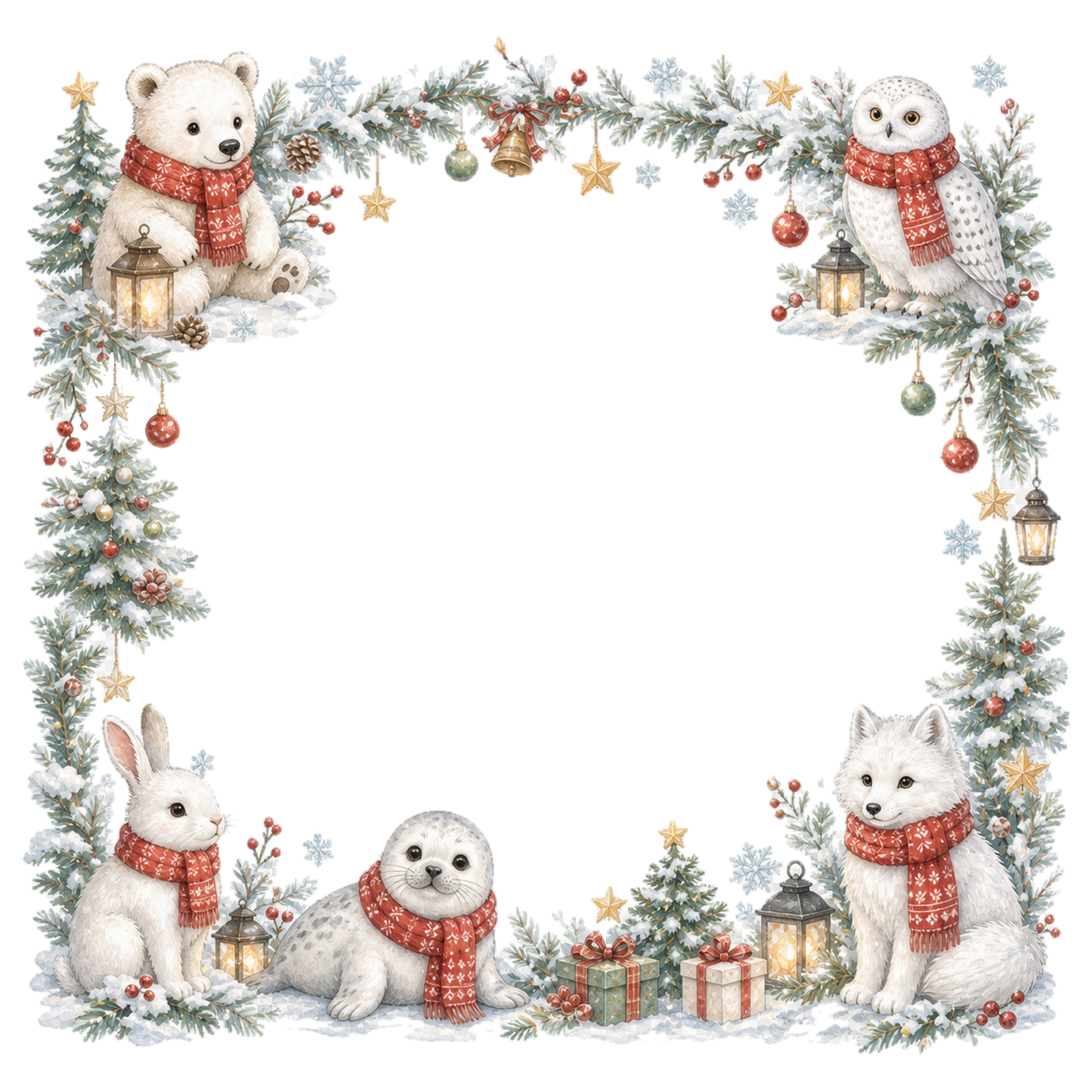 北の国の白い動物のクリスマスイラスト｜絵本タッチの無料フレーム95946に写真・文字を入れる