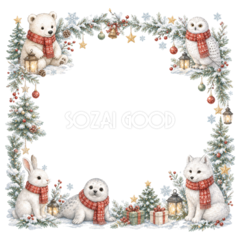 北の国の白い動物のクリスマスイラスト｜絵本タッチの無料フレーム95946