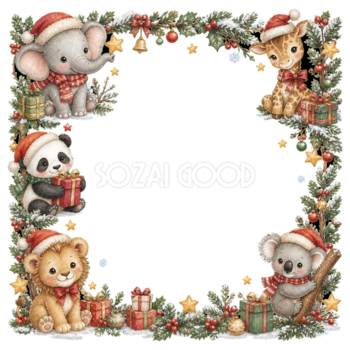 動物園の子どもたちのクリスマスイラスト｜絵本タッチの無料フレーム95947