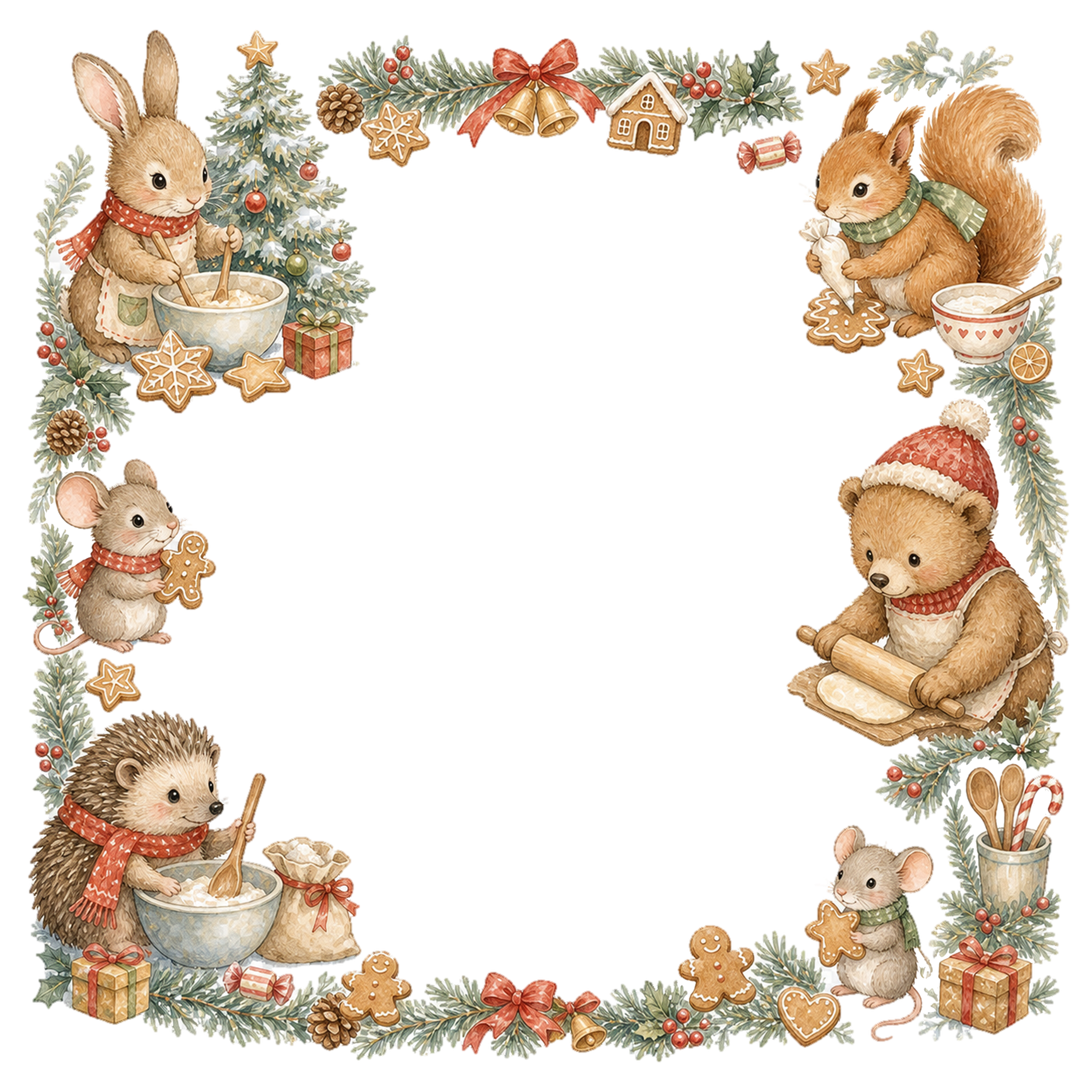 動物たちのお菓子作りクリスマスイラスト｜絵本タッチの無料フレーム95949に写真・文字を入れる