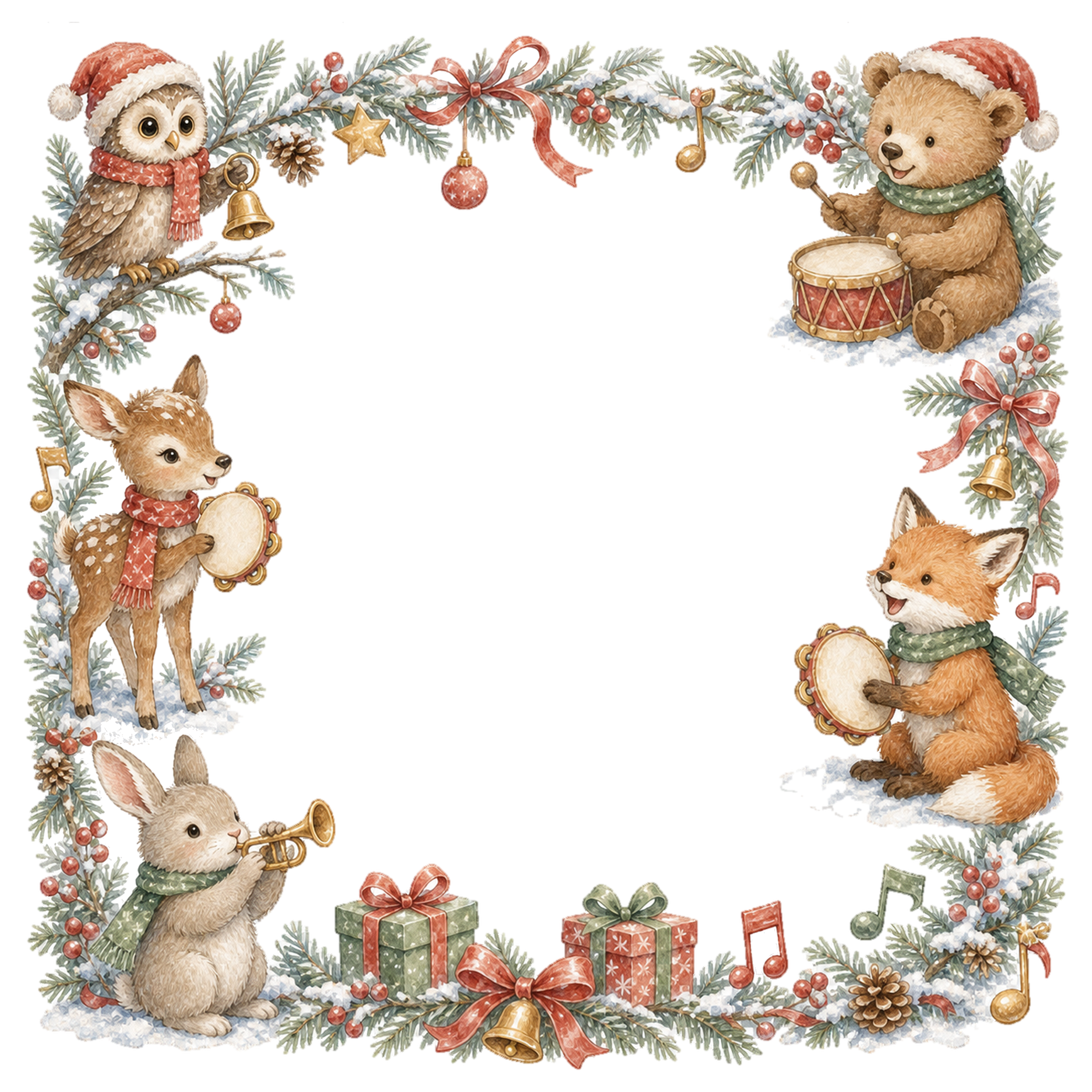動物たちのクリスマス音楽会イラスト｜絵本タッチの無料フレーム95950に写真・文字を入れる