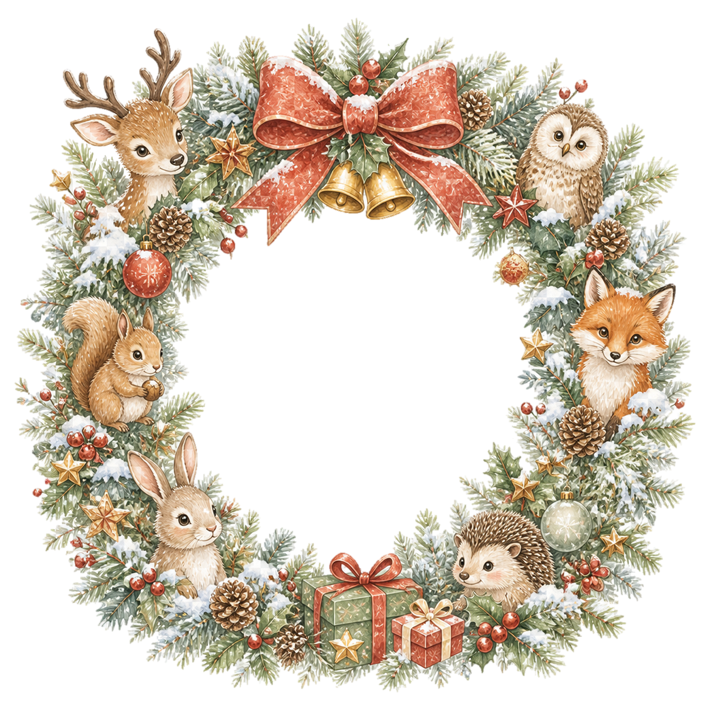 動物いっぱいのクリスマスリースイラスト｜絵本タッチの無料フレーム95952に写真・文字を入れる