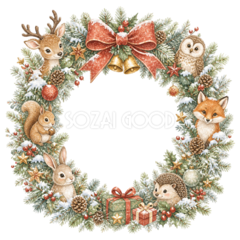動物いっぱいのクリスマスリースイラスト｜絵本タッチの無料フレーム95952