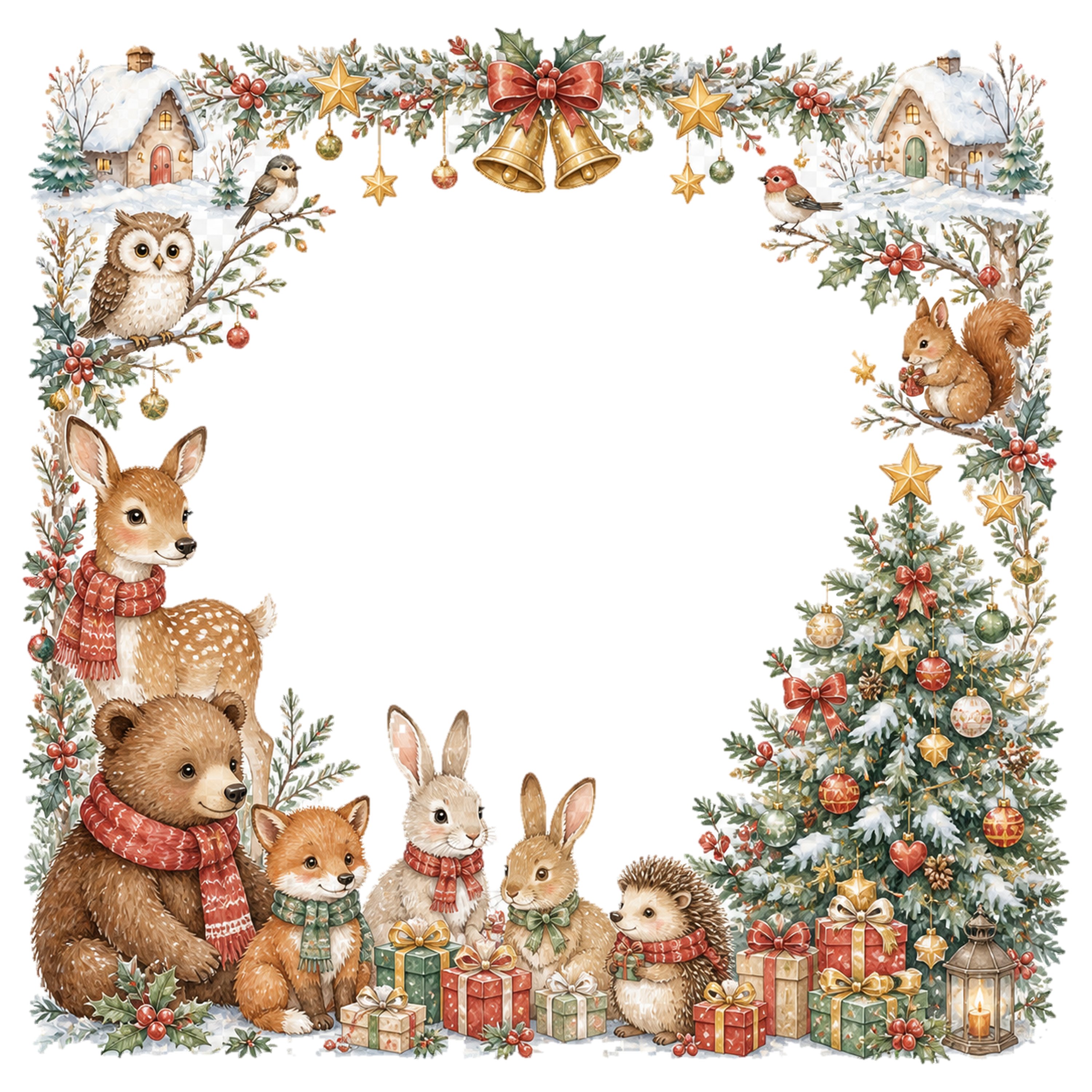 動物いっぱいの大きなツリーのクリスマスイラスト｜絵本タッチの無料フレーム95953に写真・文字を入れる