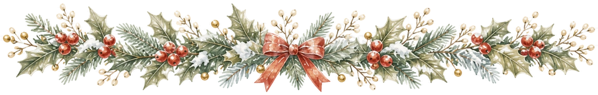 ヒイラギと赤い実のクリスマス区切り線イラスト｜絵本タッチの無料素材95956