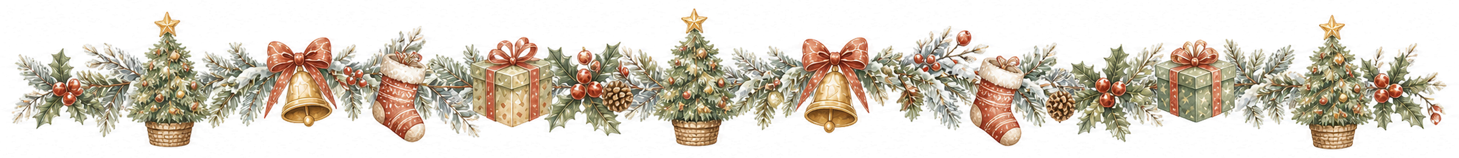 ツリー・ベル・靴下・プレゼントのクリスマスラインイラスト｜絵本タッチの無料素材95957に写真・文字を入れる