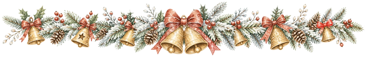 金色ベルと松ぼっくりのクリスマス区切り線イラスト｜絵本タッチの無料素材95961