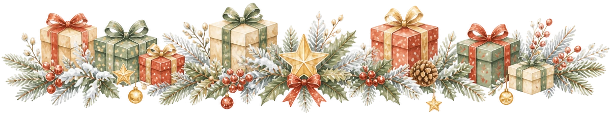 プレゼントとヒイラギのクリスマスラインイラスト|絵本タッチの無料素材95962
